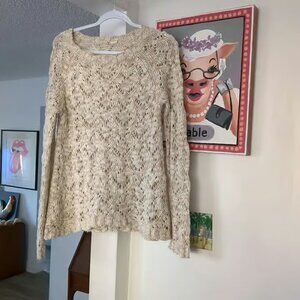 💕 ANTHROPOLOGIE Moth 💕 Open Crochet Crew Neck Sweater Cream Wool Blend SMALL